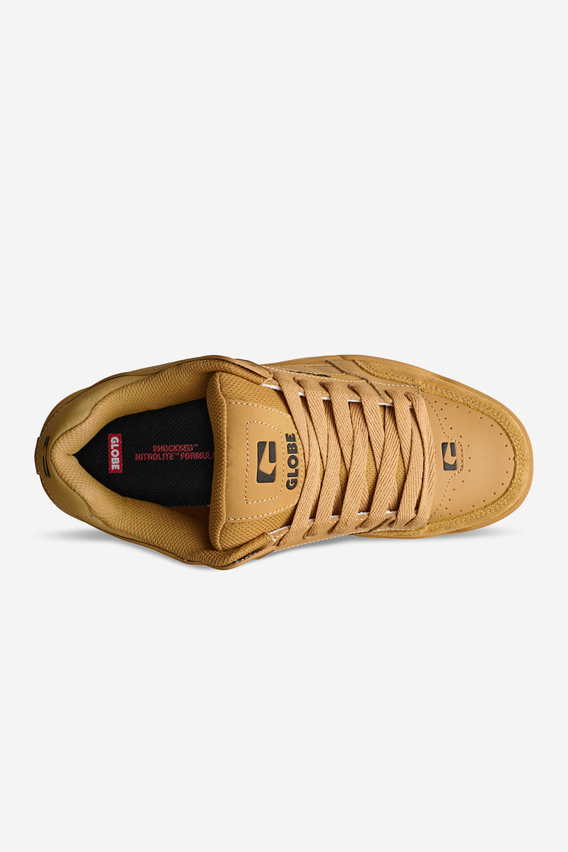 Top view of Tilt skate shoe in honey gum tan leather with laces