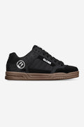 Side view of Globe Tilt sneaker in Onyx black with a tan gum sole and Globe branding
