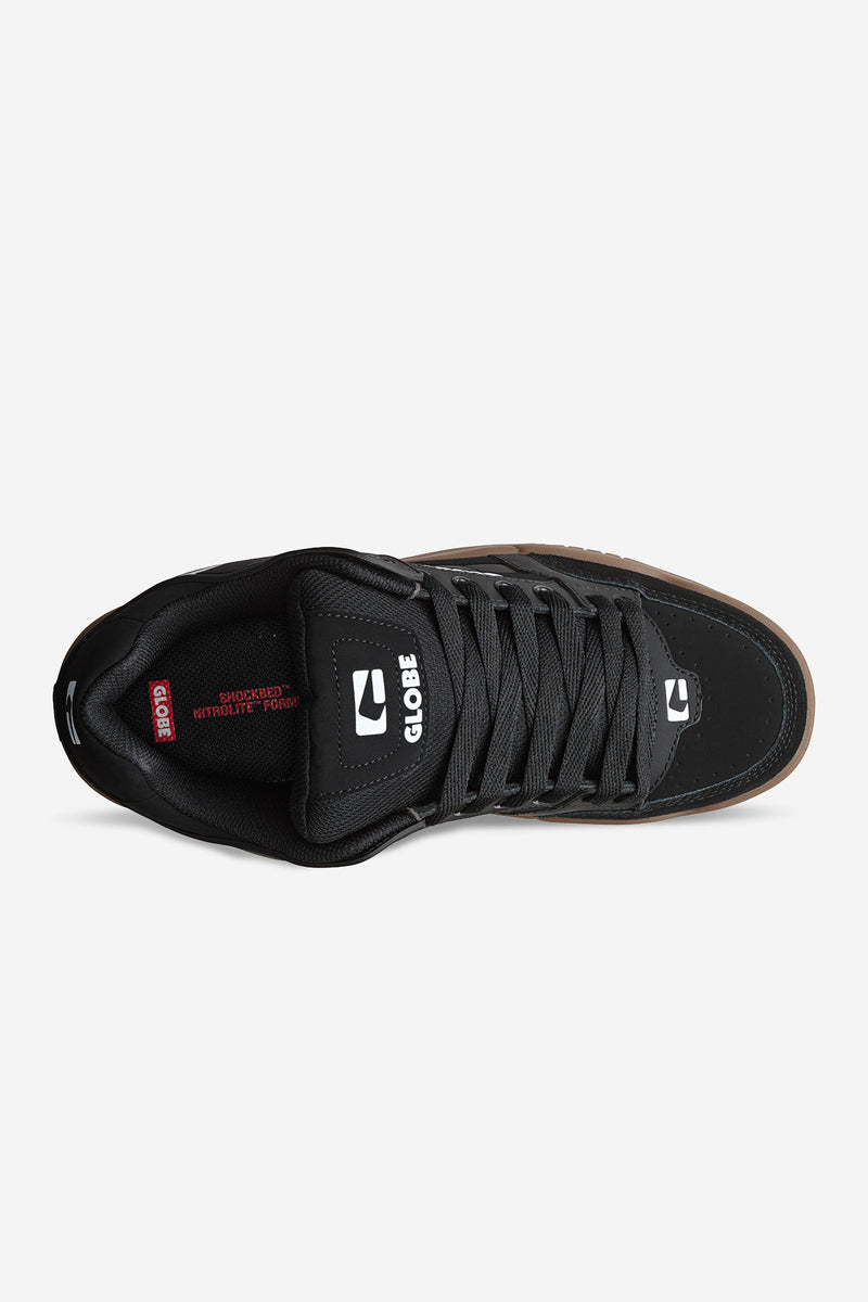 Top view of Tilt skate shoe in black onyx with a gum outsole and black laces.