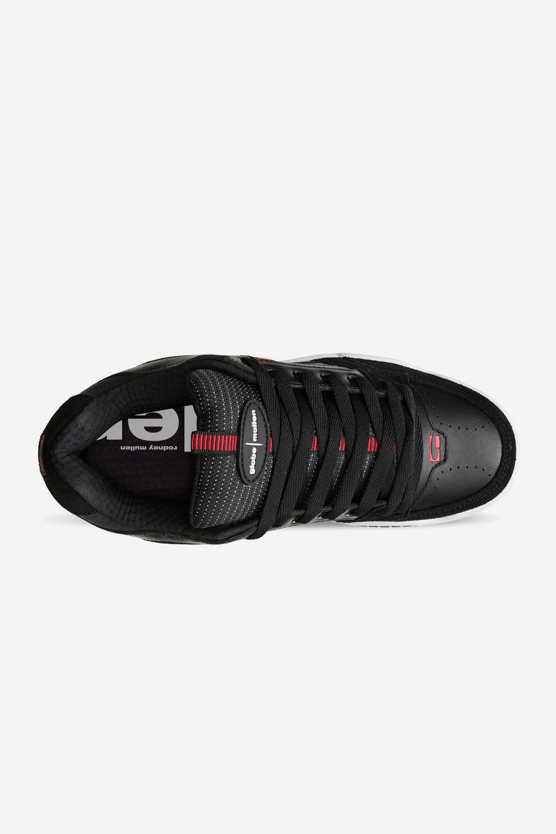 Top view of Tilt Prime skate shoe in black leather with red accents