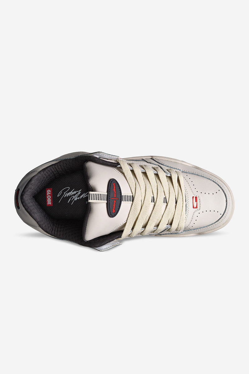Top view of Tilt Prime Cement skate shoe in light beige with cream laces and dark interior lining