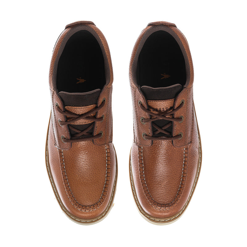 Men's tan leather low-top shoe with black interior lining and lace-up tongue