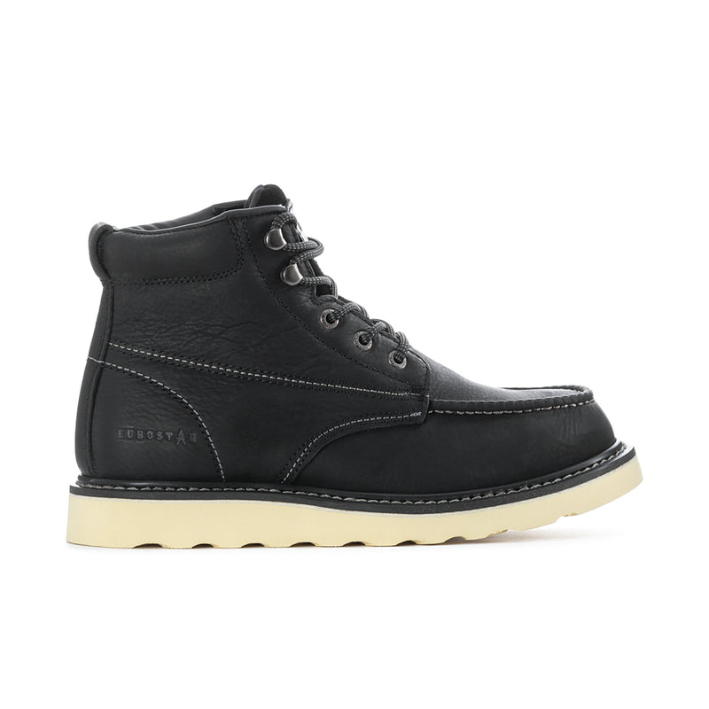 Men's black lace-up high-top boots with padded collar and cream rubber sole