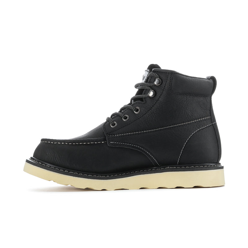 Men's black lace-up high-top boots with seam stitching and metal eyelets