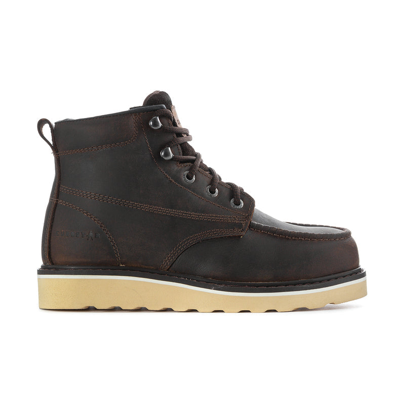 Men's dark brown steel-toe lace-up work boots with padded collar and beige outsole