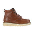 Men's tan leather lace-up ankle boots with padded collar and contrast cream sole