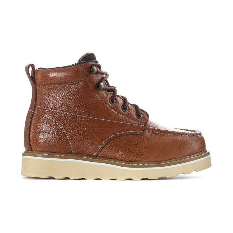 Men's tan leather lace-up ankle boots with padded collar and contrast cream sole