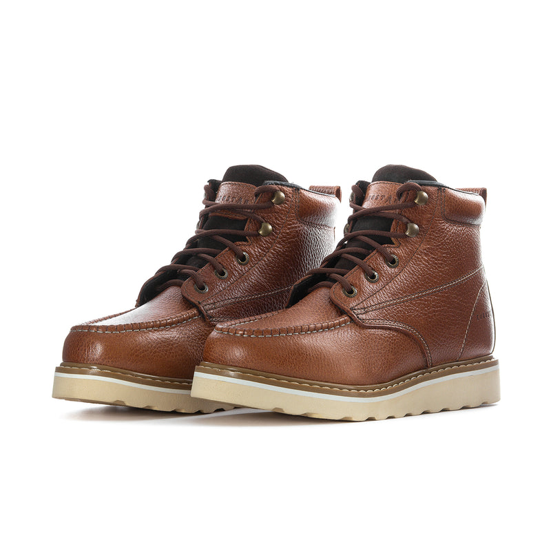 Men's tan leather lace-up ankle boots, two-quarter front view with cream sole