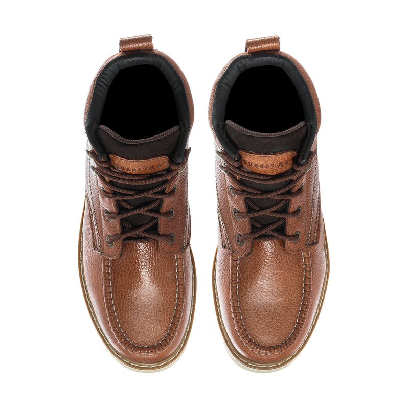 Men's tan leather lace-up ankle boots, padded collar and black interior lining