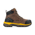 Men's composite-toe work boot in tan with black panels and bright yellow outsole