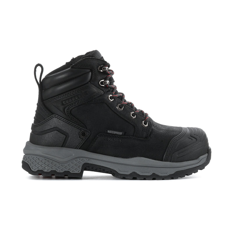 Men's black composite-toe work boot with lace-up front and rugged tread sole