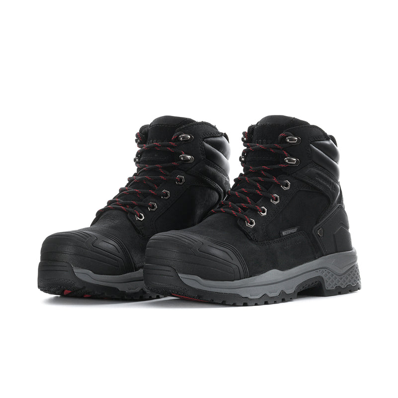 Pair of men's black composite-toe work boots, lace-up with thick rubber outsole