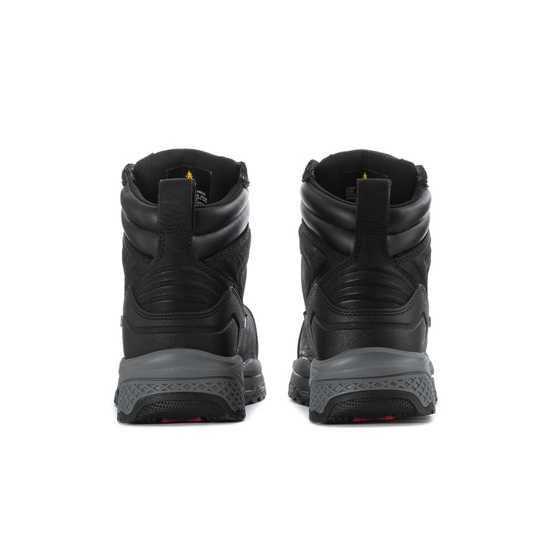 Men's black composite-toe work boots, back view with pull tab and cushioned heel