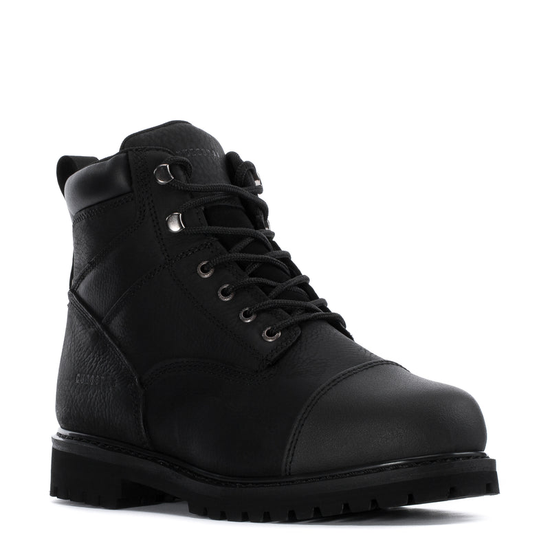 Black steel toe work boot, lace-up front view with metal eyelets