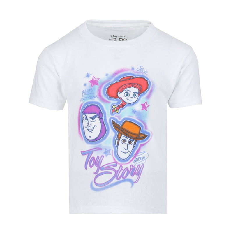Toddler white airbrush graphic T-shirt with Toy Story character print