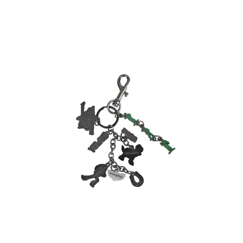Toy Story bag charm with dark silhouette charms, green toy pieces, and metal clip