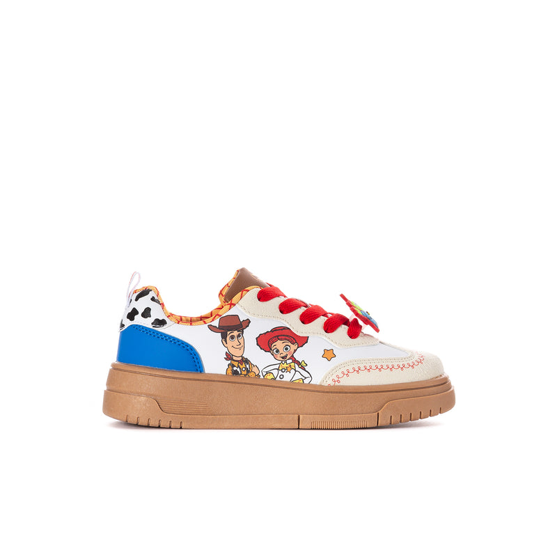 Kids low-top lace-up sneakers with red laces, white uppers, blue panels, tan sole