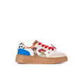 Kids low-top lace-up sneakers with red laces, white uppers, blue panels, tan sole