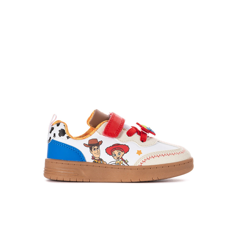 Toddler sneaker with white upper, blue side, red straps, character graphic and tan sole
