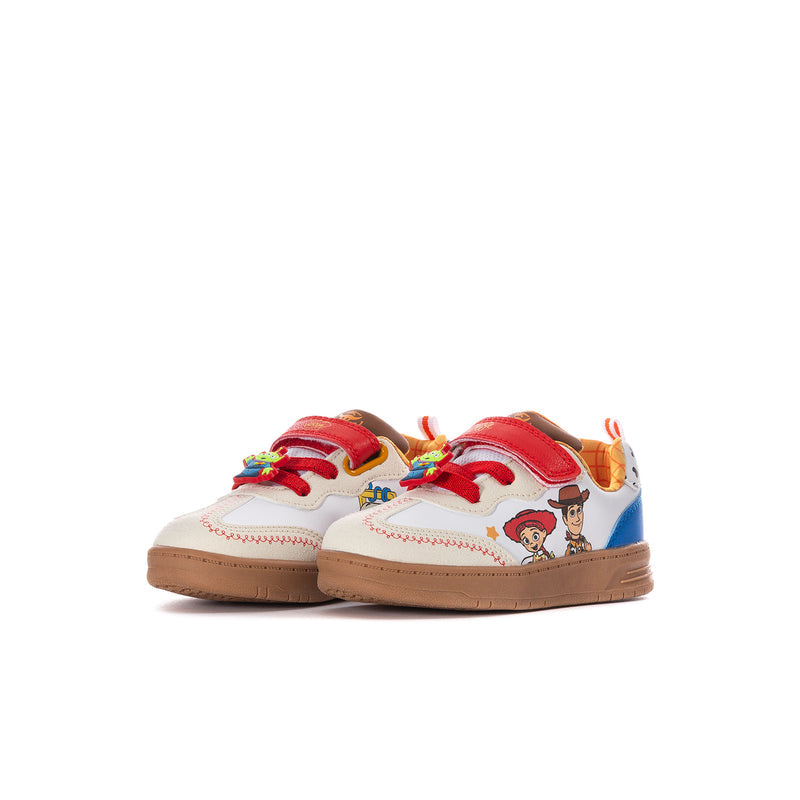 Toddler sneaker pair with white uppers, blue accents, red laces, character prints and tan sole
