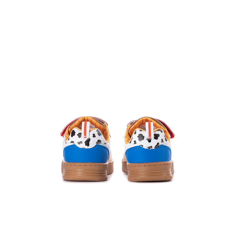 Toddler sneaker back view with blue heel, orange collar, character face print, and tan sole