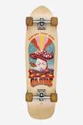 Top-down view of a 31 inch Explorer cruiser board with mushroom artwork and amber wheels.