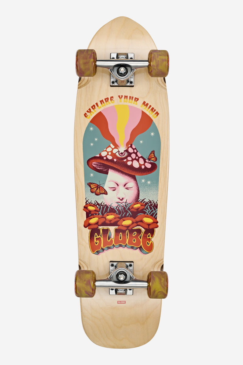 Top-down view of a 31 inch Explorer cruiser board with mushroom artwork and amber wheels.