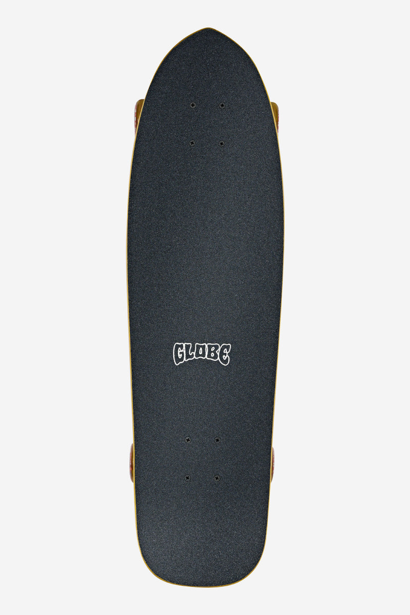 Close-up of the dark grip-taped top of the Explorer cruiser deck with a white Globe logo.