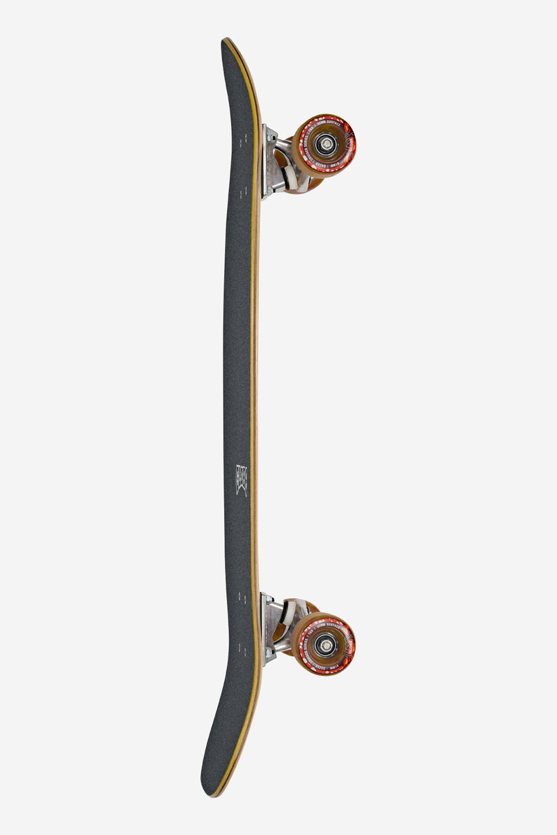 Side view of Tracer Neue Cruiserboard 31 Explorer longboard with a dark deck a yellow edge and red Tensor trucks