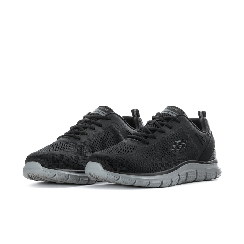 Men's wide black lace-up running shoes, double view with mesh texture and gray sole