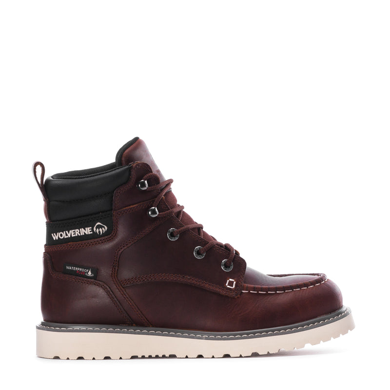 Men's reddish-brown moc-toe wedge lace-up boot with black side panel and cushioned collar