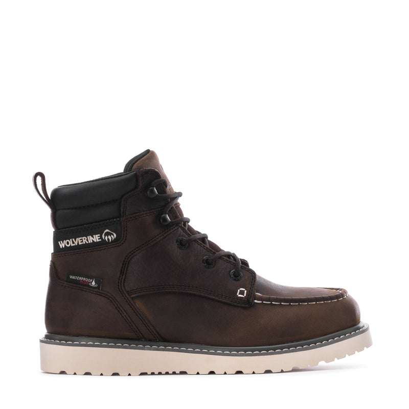 Men's dark brown Wolverine lace-up wedge moc-toe ankle boots with padded collar