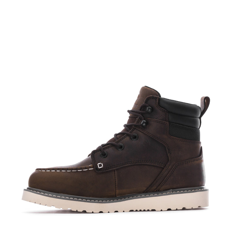 Dark brown moc-toe lace-up ankle boots with side strap detail and white contrast sole