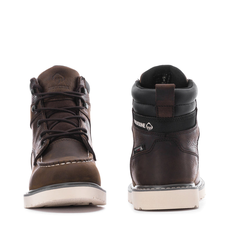 Pair of dark brown lace-up moc-toe ankle boots, front and heel views with padded collars