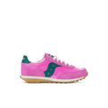 Kids pink sneaker with teal logo accents, white laces, and gum rubber sole