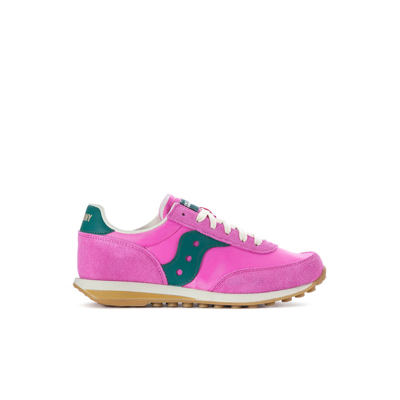 Kids pink sneaker with teal logo accents, white laces, and gum rubber sole