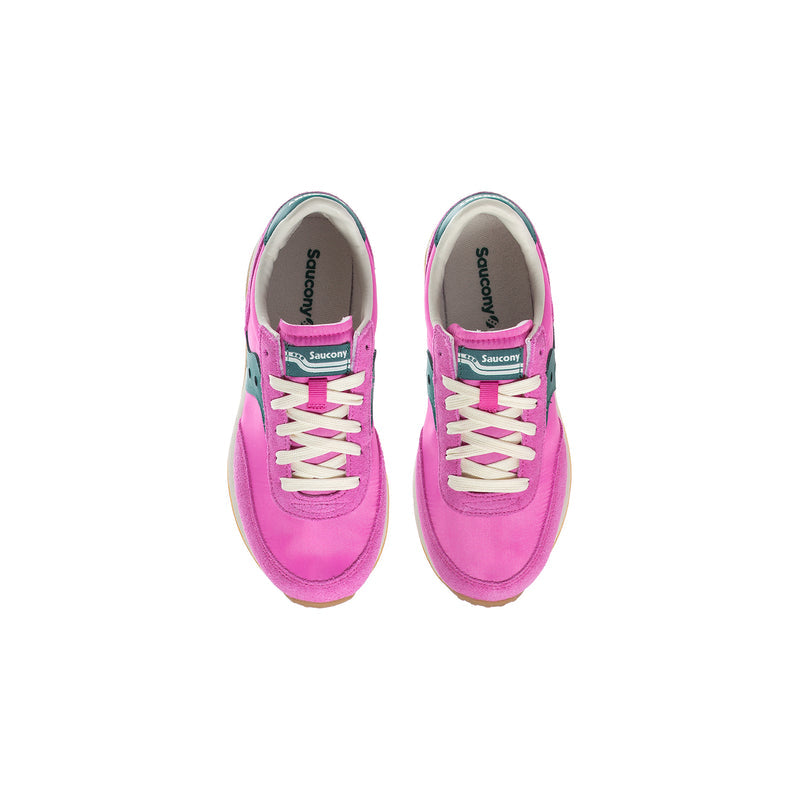 Kids pink lace-up sneakers, front view with teal lining and branded tongue