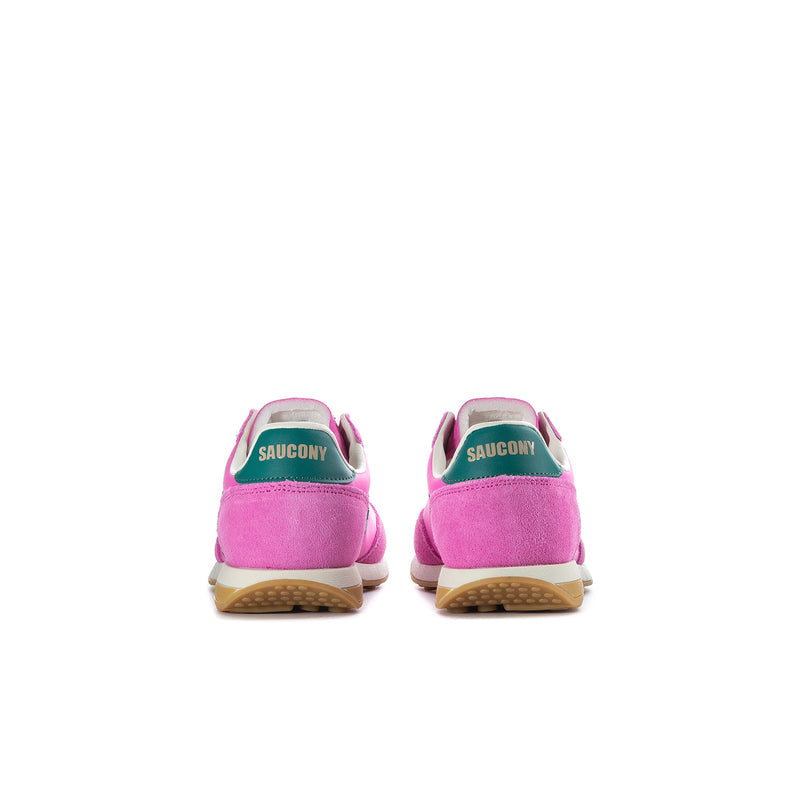 Kids pink sneakers, back view with heel branding and teal heel trim