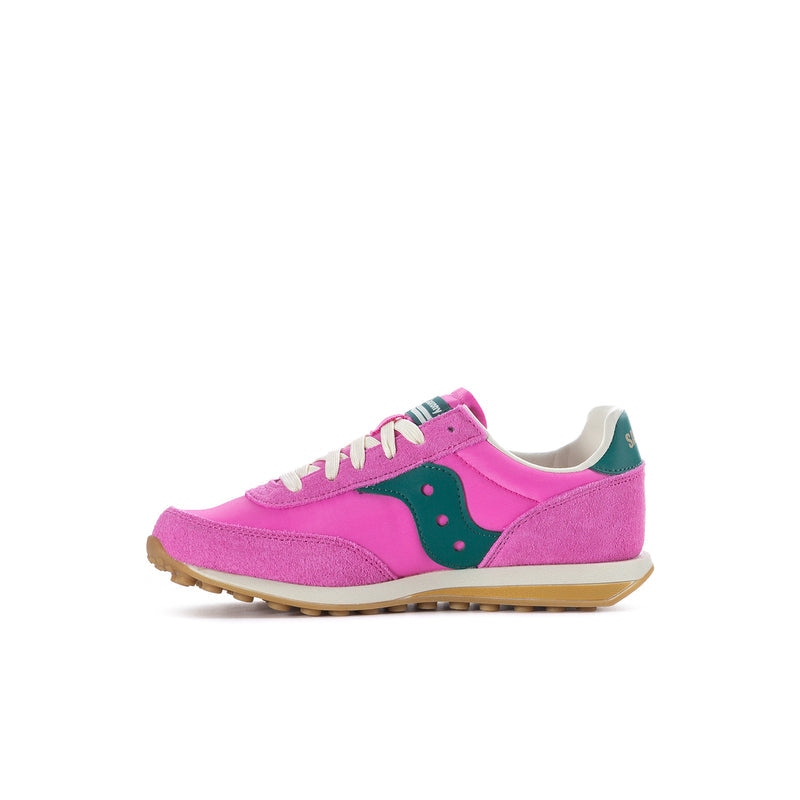 Kids pink low-top sneaker with teal side logo and white lace-up detail