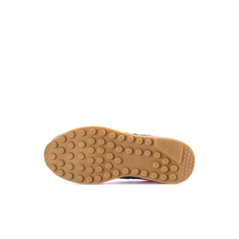 Kids pink sneaker outsole view with gum rubber tread and Saucony branding