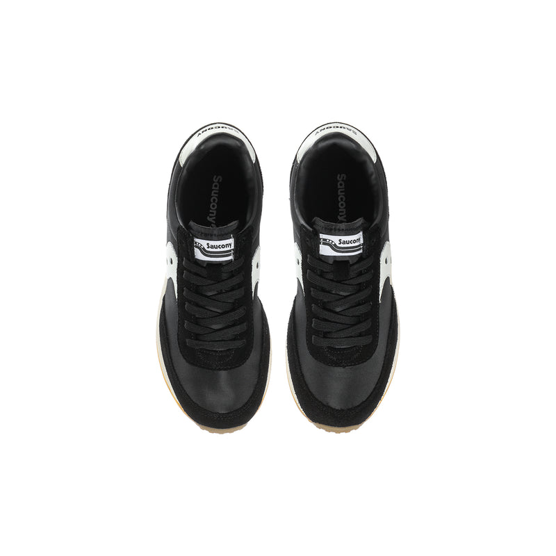 Youth black lace-up sneaker with white trim and Saucony logo on tongue
