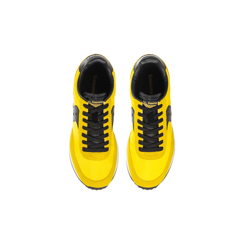 Youth lace-up sneakers, yellow uppers with black laces and white midsole, front view