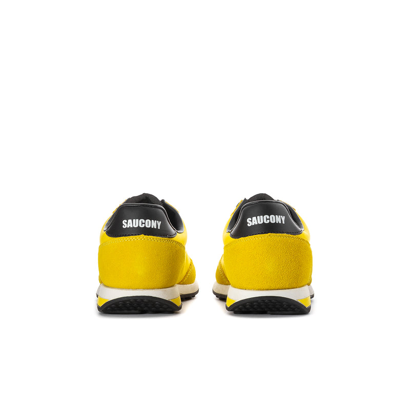 Youth running shoe heel, bright yellow with black heel tab and white sole stripe