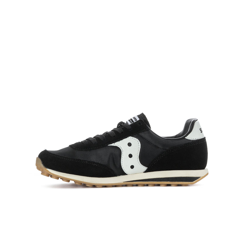 Youth black lace-up sneaker with white side panel and gum outsole