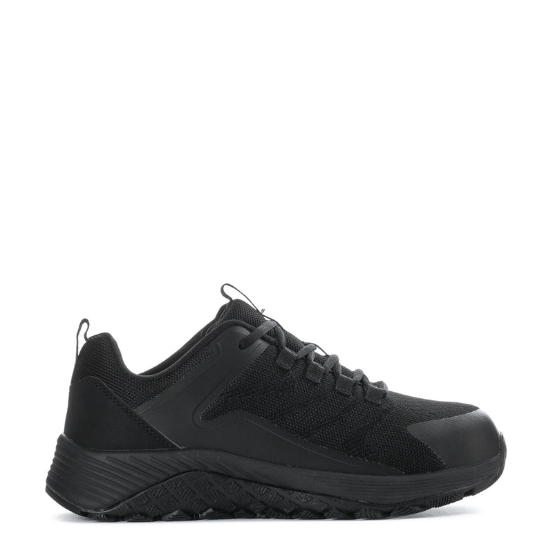 Men's black lace-up work shoe with mesh upper and textured rubber sole