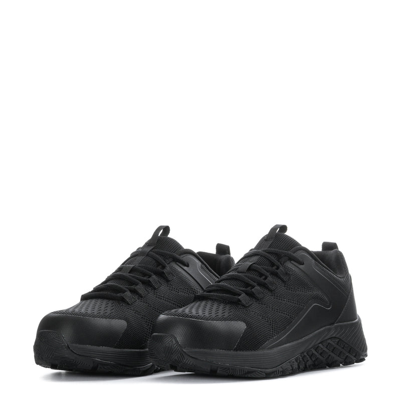 Men's black lace-up work shoe with protective toe area and rugged tread sole