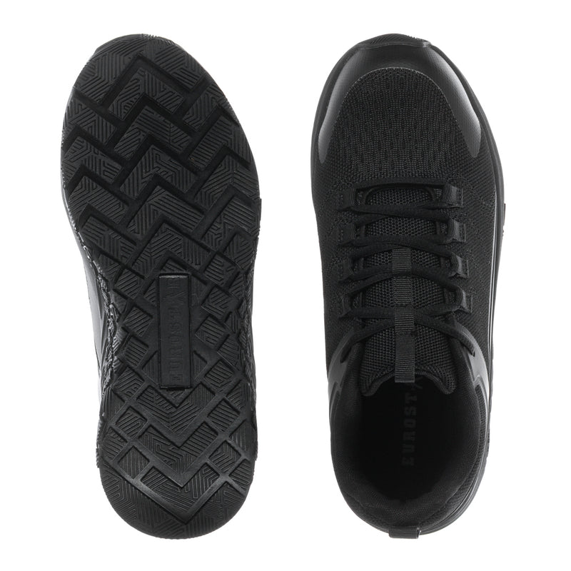 Men's black lace-up work shoe outsole tread and side upper view