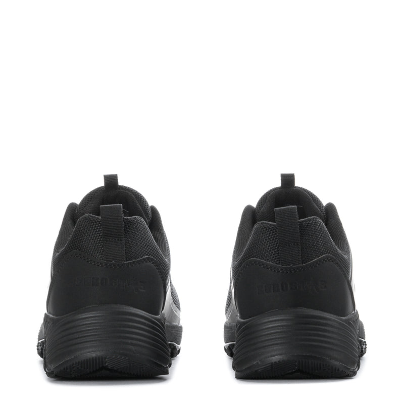 Men's black lace-up work shoe heel view with cushioned collar and textured sole