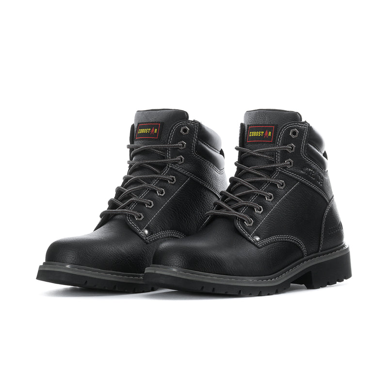 Pair of black lace-up work boots with thick tread soles and padded collars