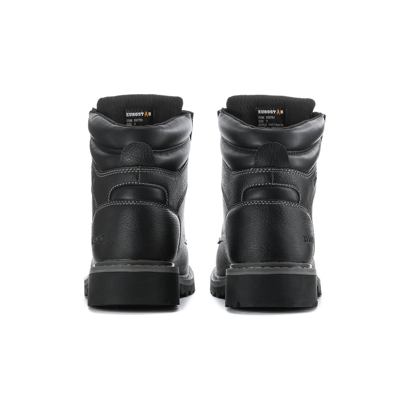 Black lace-up work boots rear view with padded collar and rugged heel tabs